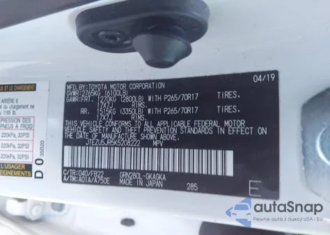 2019 Toyota 4Runner Sr5 z USA, uszkodzony, nr VIN JTEZU5JR5K5208222